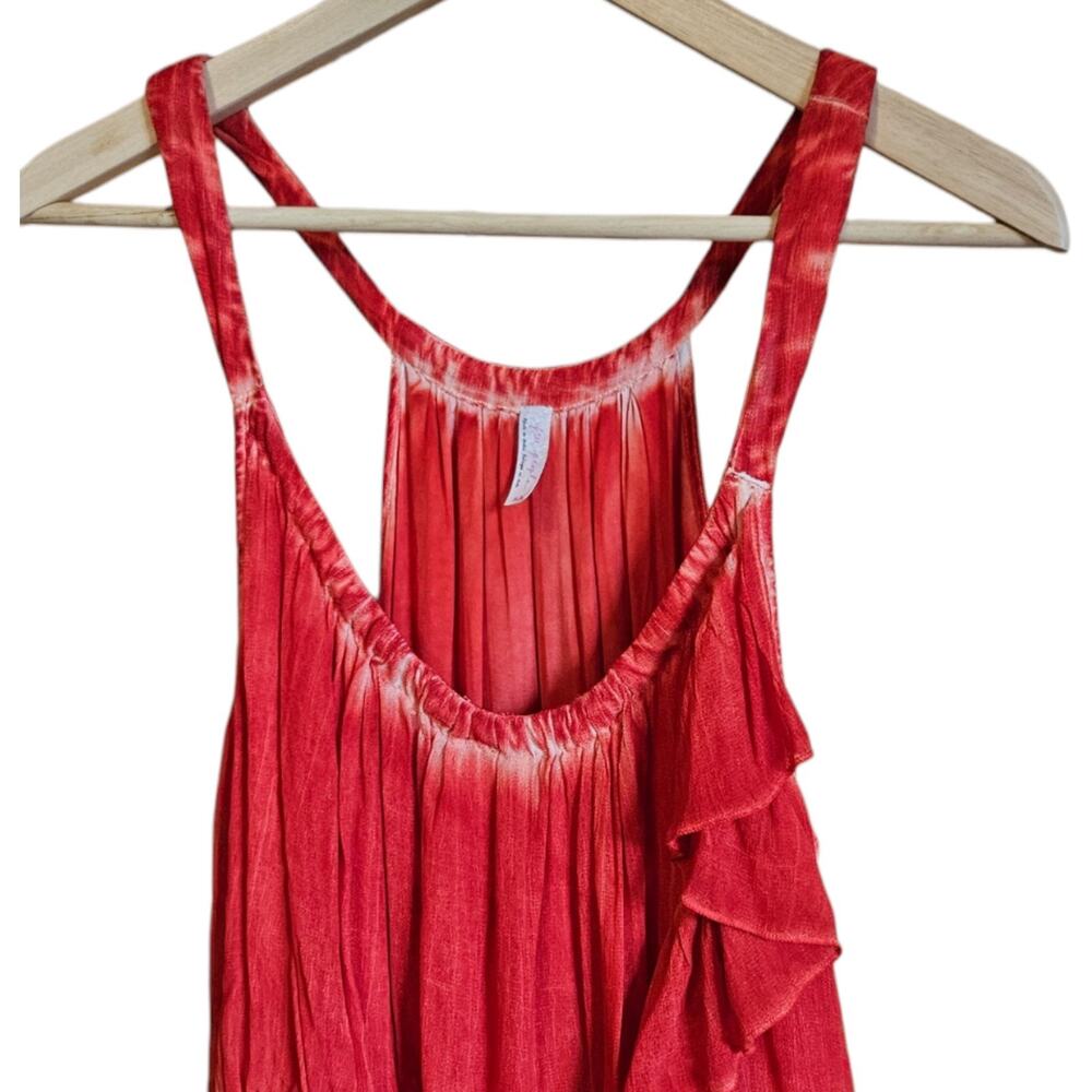 Free People Size Medium Coral Red Acid Wash Asymmetrical Ruffle Mini Dress - Picture 2 of 6